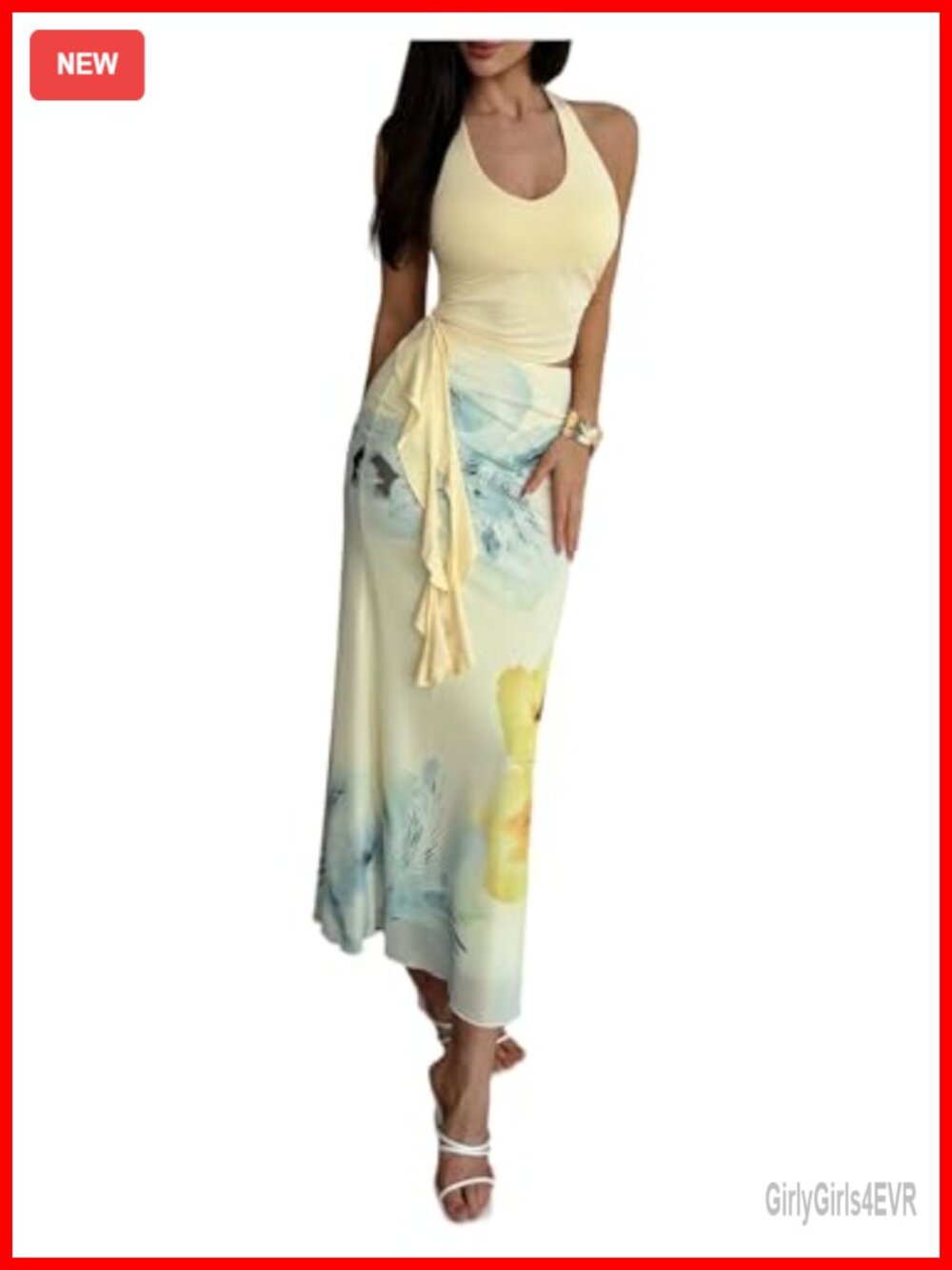 Two Piece Halter Crop Top and Floral Maxi Skirt Set